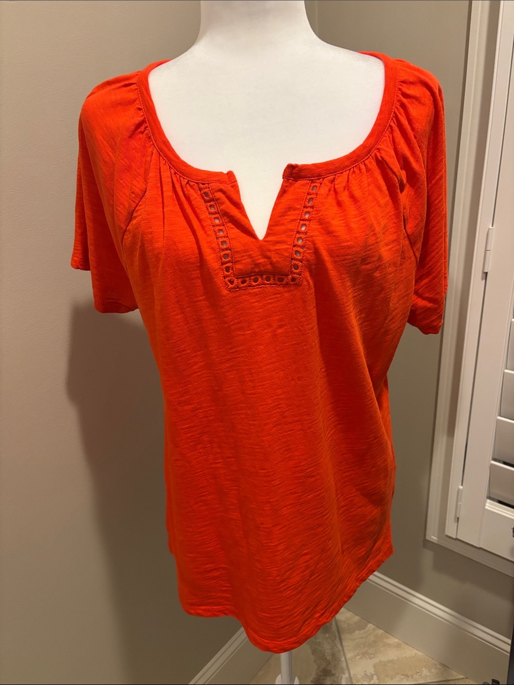 Talbots Bright Orange -Ref Split-Neck Short Sleeve Tee. Large petite